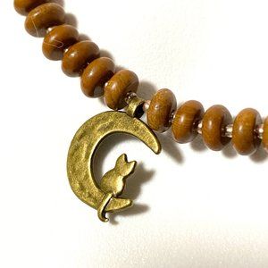 Jasper Stone Bronze Cat on the Moon Necklace, Genuine Gemstone Beaded Necklace